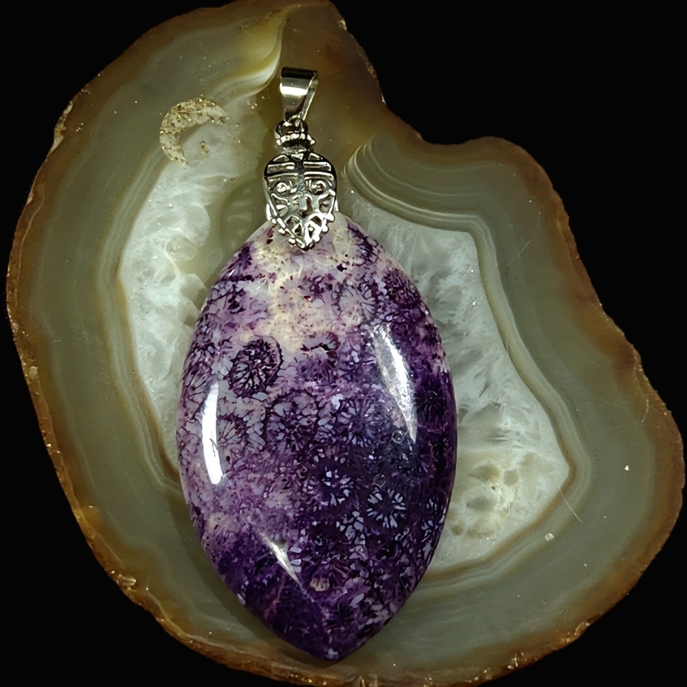 ~Dazzling, XL, Marquis- Shaped Purple Dyed Fossil Coral Pendant/Ornate Bail~